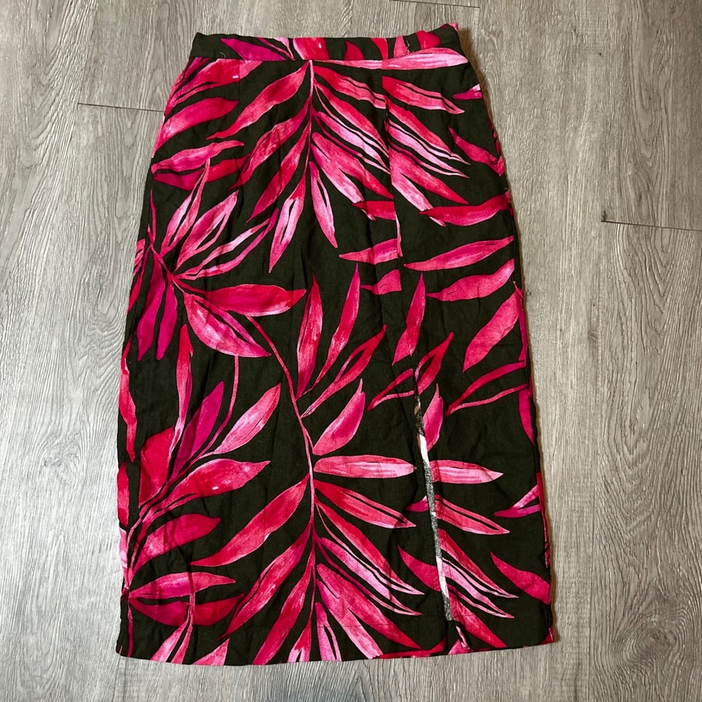 Time and Tru‎ Skirt Womens M Green Pink Tropical Linen Blend Elastic Waist Beach